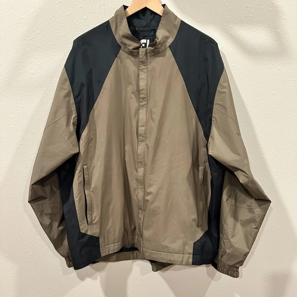 FootJoy DryJoys Jacket Mens XL Tan Black Full Zip Golf Rain Windbreaker